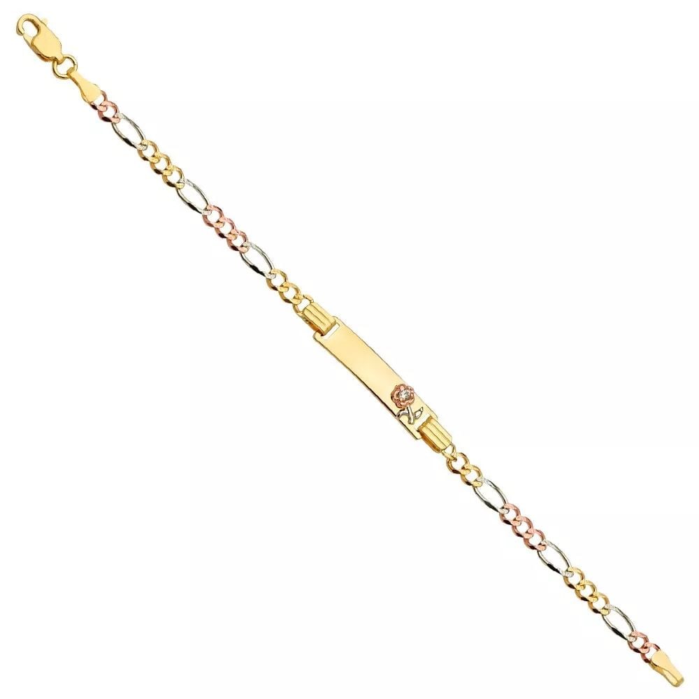 NEW 14K TRI COLOR GOLD FIGARO 3+1 080 FLOWER BABY ID BRACELET: NEW 14K TRI COLOR FIGARO 3+1 080 FLOWER BABY ID BRACELET 14K TRI-COLOR GOLD NEW TRI COLOR FIGARO 3+1 080 FLOWER BABY ID BRACELET WEIGHT: 3.5 g LENGTH: 6in