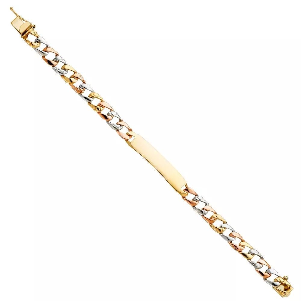 NEW 14K TRI COLOR GOLD STAMP LINK BABY ID BRACELET: NEW 14K TRI COLOR STAMP CUBAN LINK BABY ID BRACELET 14K TRI-COLOR GOLD NEW TRI COLOR STAMP CUBAN LINK BABY ID BRACELET WEIGHT: 6.8 g LENGTH: 6in