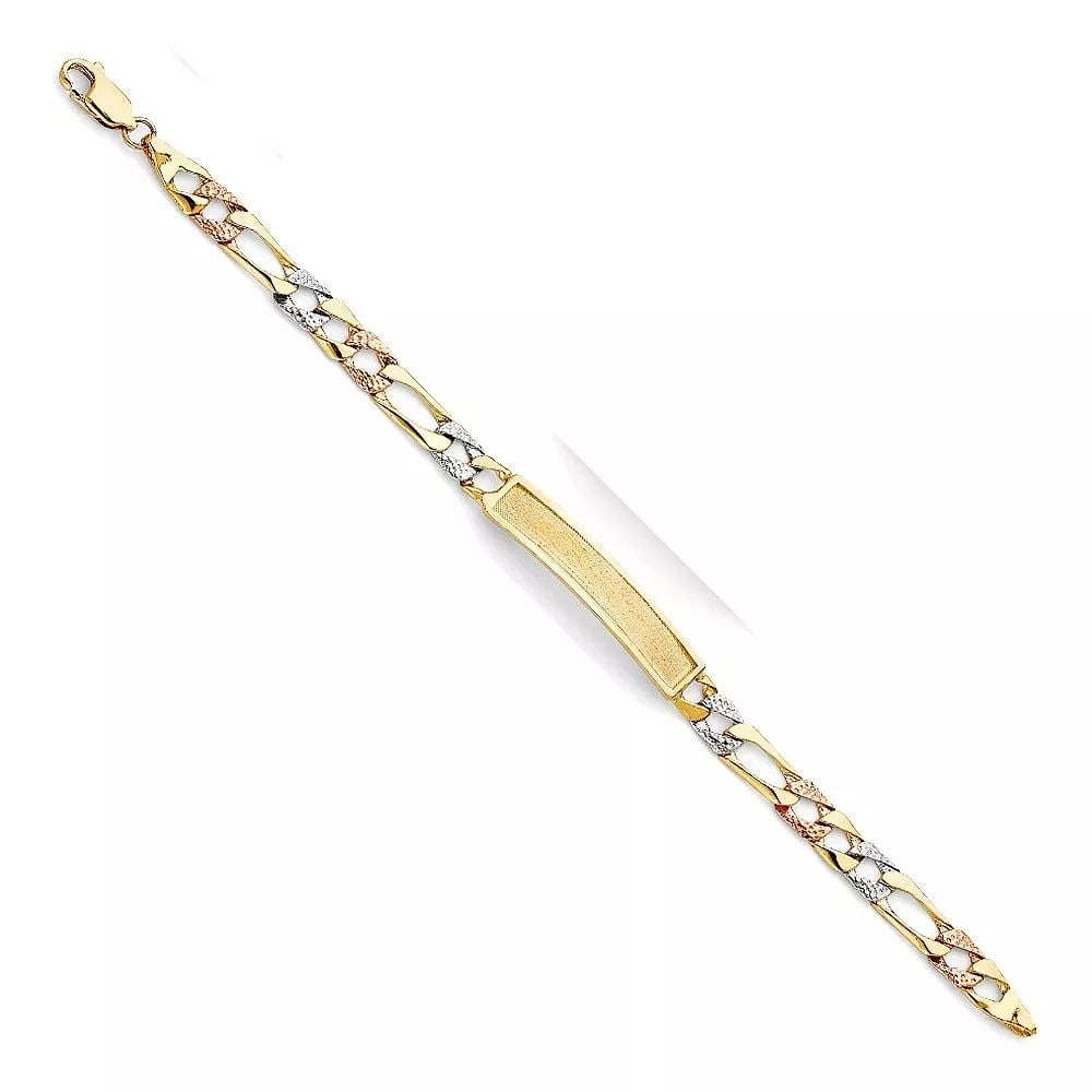 NEW 14K TRI COLOR GOLD LIGHT NUGGET CUBAN LINK BABY ID BRACELET: NEW 14K TRI COLOR LIGHT NUGGET CUBAN LINK F BABY ID BRACELET 14K TRI-COLOR GOLD NEW TRI COLOR LIGHT NUGGET CUBAN LINK F BABY ID BRACELET WEIGHT: 6.5 g LENGTH: 6in