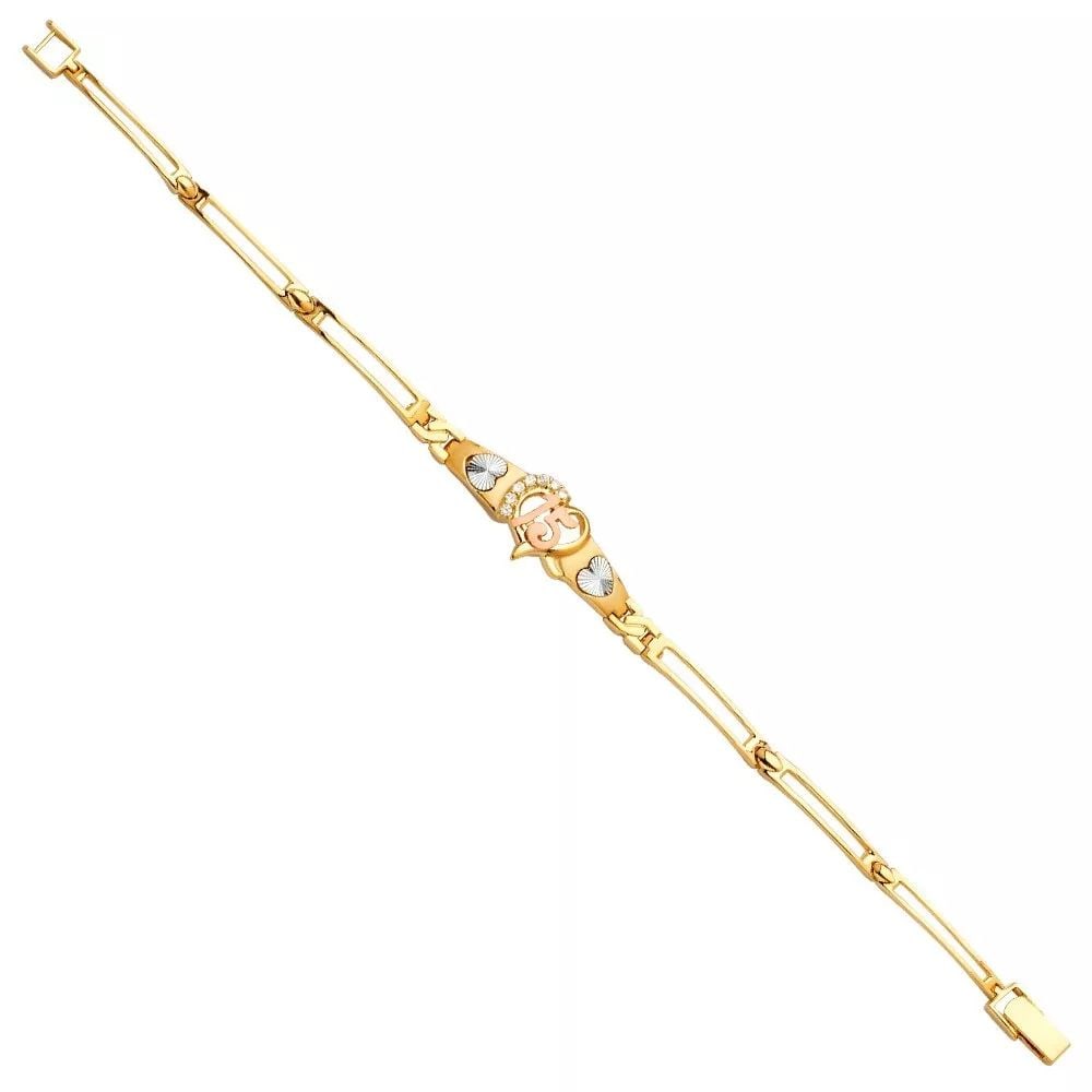 NEW 14K TRI COLOR GOLD 15 YEARS ID BRACELET: NEW 14K TRI COLOR 15 YEARS ID BRACELET 14K TRI-COLOR GOLD NEW TRI COLOR 15 YEARS ID BRACELET WEIGHT: 9.6 g LENGTH: 7in