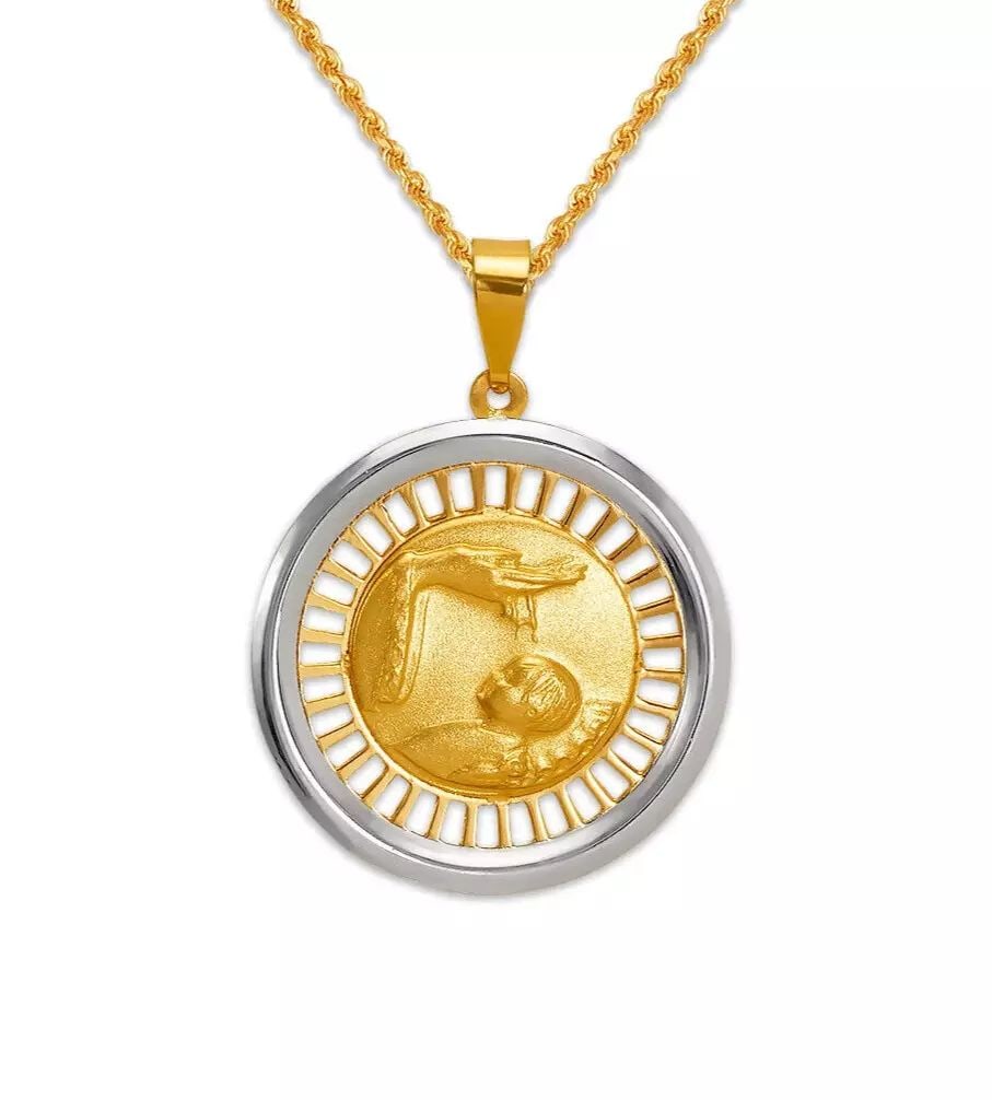 NEW 14K TWO TONE GOLD HIGH POLISHED BAPTISM PENDANT: NEW 14K TWO TONE GOLD HIGH POLISHED BAPTISM PENDANT 14K Two Tone Gold Approx. 20x20mm High Polished/Satin Finished Chains Sold Separately Weight: 1.7 Grams