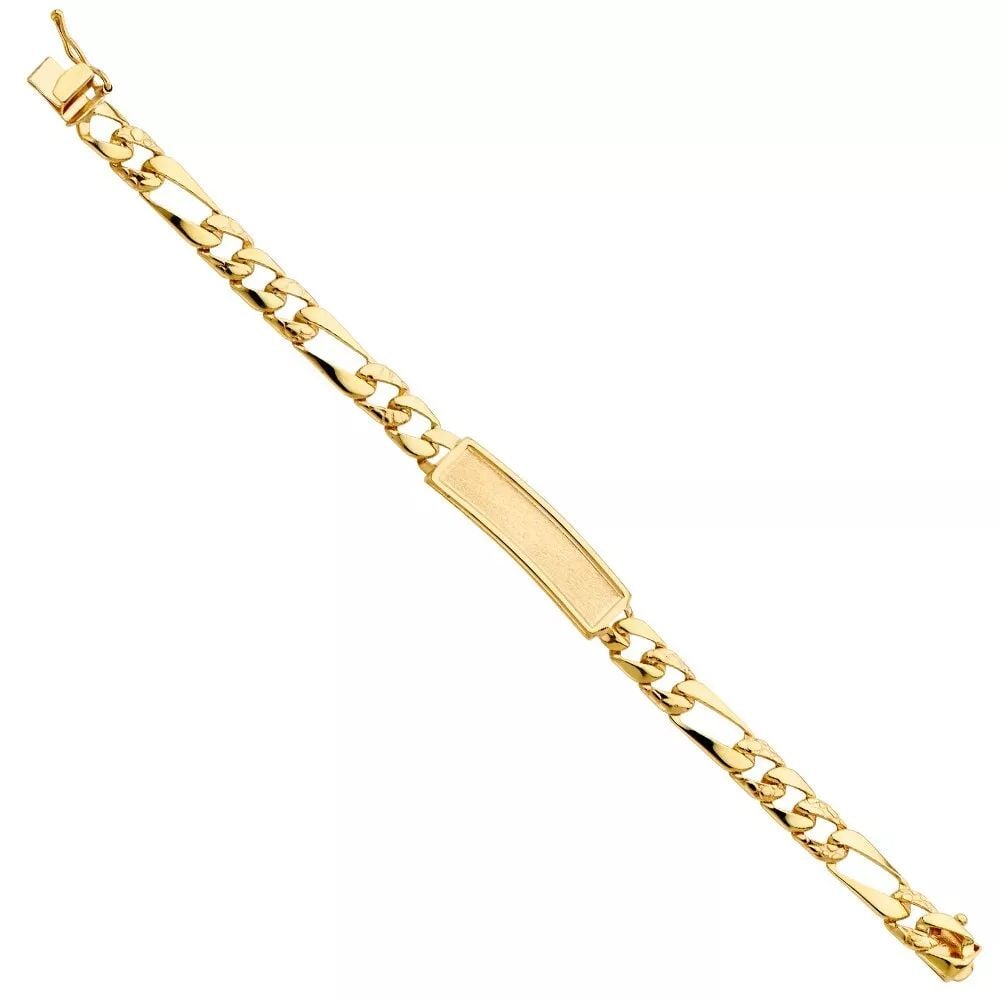 NEW 14K YELLOW STAMP NUGGET FIGARO LINK F BABY ID BRACELET: NEW 14K YELLOW STAMP NUGGET FIGARO LINK F BABY ID BRACELET 14K YELLOW GOLD NEW STAMP NUGGET FIGARO LINK F BABY ID BRACELET WEIGHT: 6g LENGTH: Length : 6in