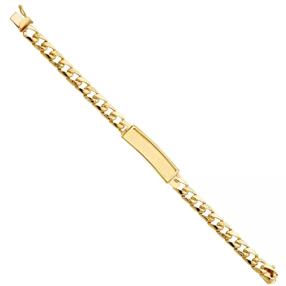 NEW 14K YELLOW STAMP NUGGET LINK F BABY ID BRACELET: NEW 14K YELLOW STAMP NUGGET CUBAN LINK F BABY ID BRACELET 14K YELLOW GOLD NEW STAMP NUGGET CUBAN LINK F BABY ID BRACELET WEIGHT: 6.2 g LENGTH: Length : 6in