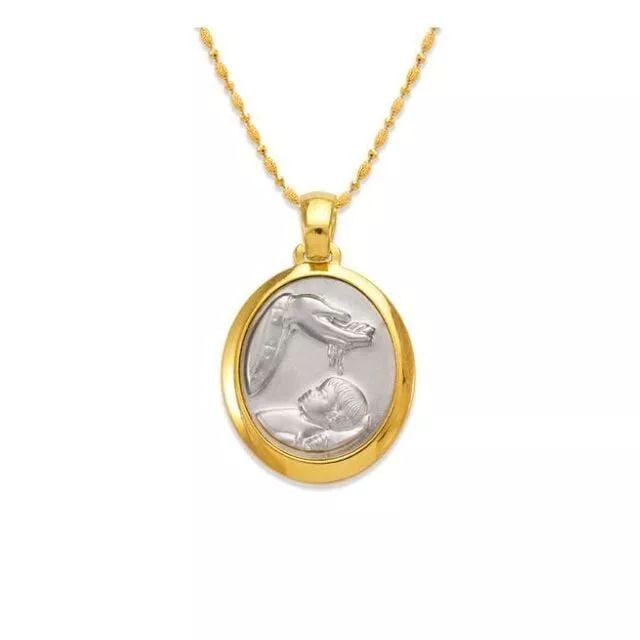 NEW 14K TWO TONE GOLD BAPTISM PENDANT: NEW 14K TWO TONE GOLD BAPTISM PENDANT 14K Two Tone Gold Approx. 16x20mm High Polished Chains Sold Separately Weight: 2.5 Grams
