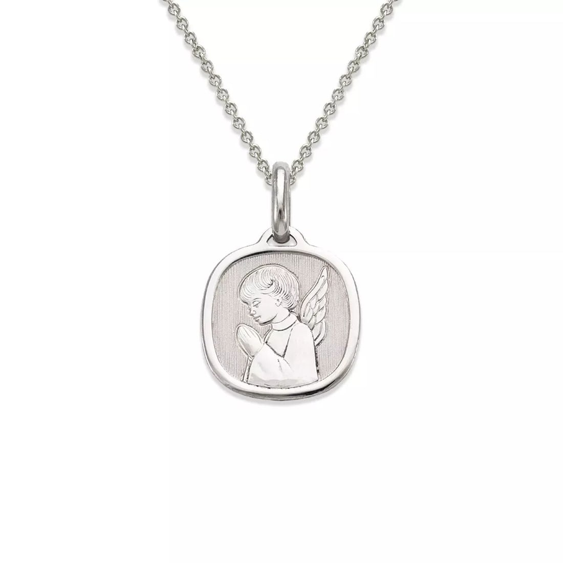 NEW 14K WHITE GOLD PRAYING ANGEL PENDANT: NEW 14K WHITE GOLD PRAYING ANGEL PENDANT 14K White Gold Approx. 15x16 mm High Polished Chains Sold Separately Weight: 1.4 Grams