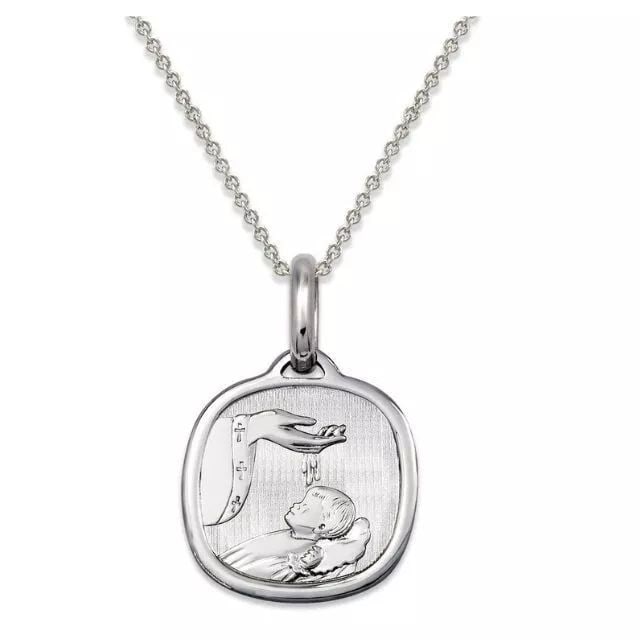 NEW 14K WHITE GOLD BAPTISM PENDENT: NEW 14K WHITE GOLD BAPTISM PENDENT 14K White Gold Approx. 14x16mm High Polished Chains Sold Separately Weight: 1.4 Grams