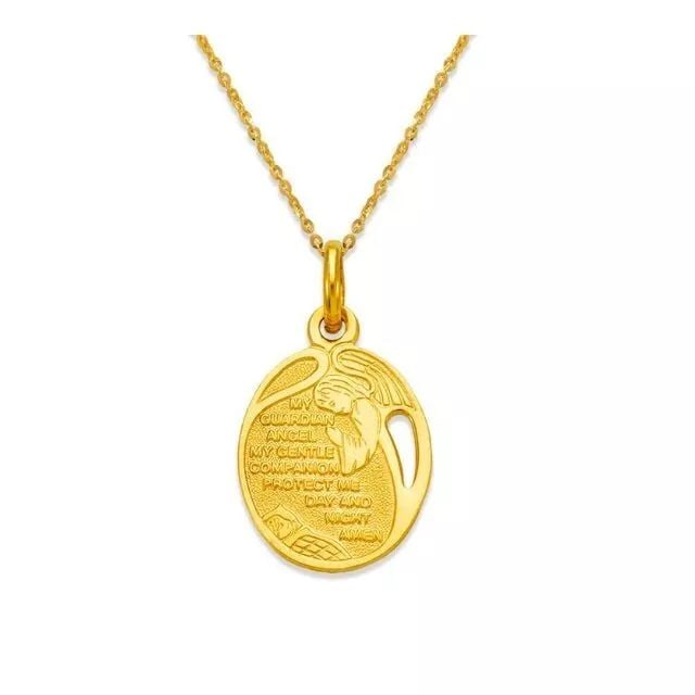 NEW 14K YELLOW GOLD GUARDIAN ANGEL PENDANT: NEW 14K YELLOW GOLD GUARDIAN ANGEL PENDANT 14K Yellow Gold Approx. 12x18mm High Polished Script: "MY GUARDIAN ANGEL, MY GENTLE COMPANION, PROTECT ME DAY AND NIGHT. AMEN." Available in White Gold Chain