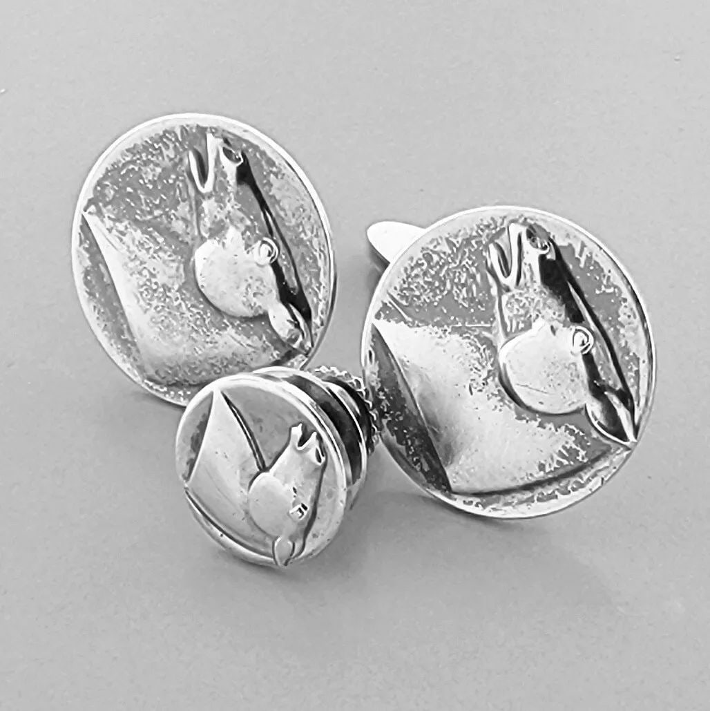 VINTAGE GEORG JENSEN STERLING SILVER ROUND HORSE CUFFLINKS & PIN BOX 63 (1 of 2)