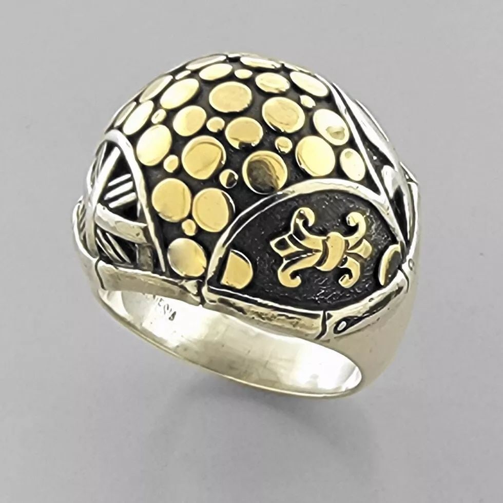 JOHN HARDY 18K GOLD STERLING SILVER LADIES DOT LARGE DOME RING: JOHN HARDY 18K GOLD AND STERLING SILVER RING Ring is a size 7 Ring head measures 0.71" wide John Hardy 18K yellow gold and sterling silver dot dome ring Pre-owned in good condition, please refer to pi