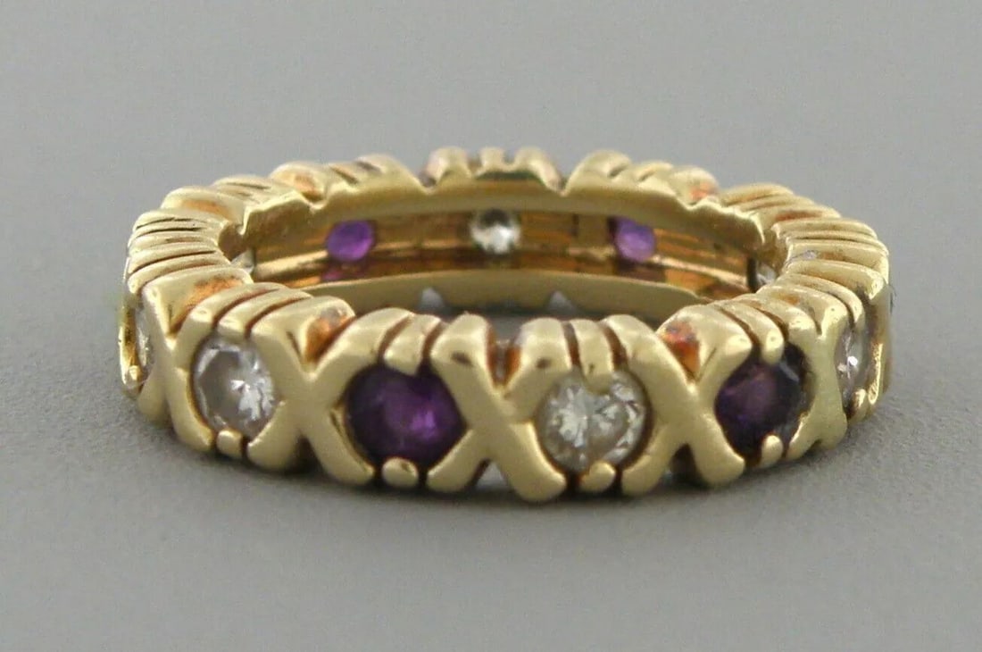 VINTAGE 14K YELLOW GOLD DIAMOND AMETHYST RING WEDDING BAND ETERNITY LARGE (1 of 2)