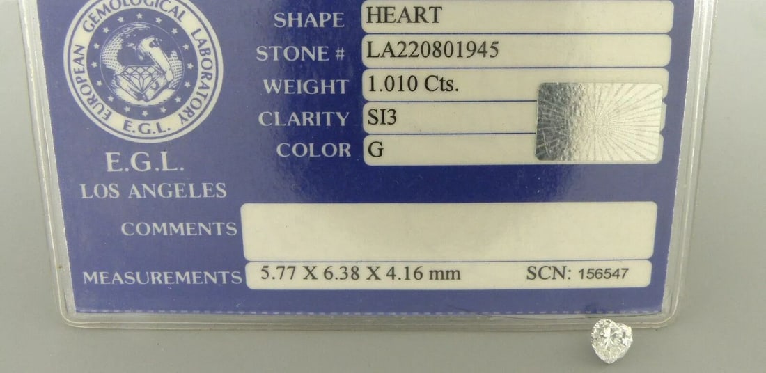EGL USA 1.01ct LOOSE NATURAL UNTREATED HEART SHAPE DIAMOND G SI3 LOWEST PRICE: EGL USA 1.01ct LOOSE NATURAL UNTREATED HEART SHAPE DIAMOND G SI3 LOWEST PRICE LOOSE NATURAL UNTREATED EGL CERTIFIED DIAMOND G SI3 Carat weight 1.01ct Natural untreated diamond Heart shape Measures 5.7