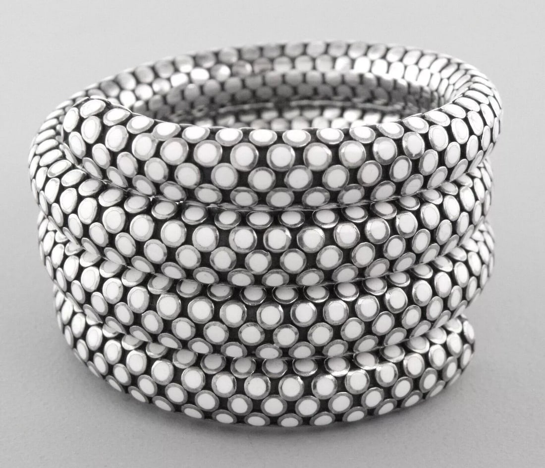 JOHN HARDY STERLING SILVER WHITE ENAMEL TRIPLE COIL WRAP DOT BRACELET POUCH (1 of 2)
