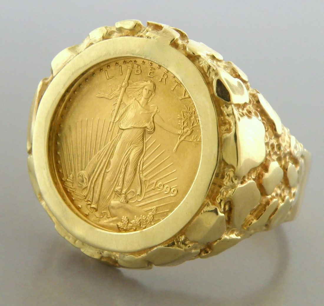 22K 1/10 oz AMERICAN EAGLE GOLD COIN 14K YELLOW GOLD MEN'S NUGGET RING HEAVY (1 of 2)