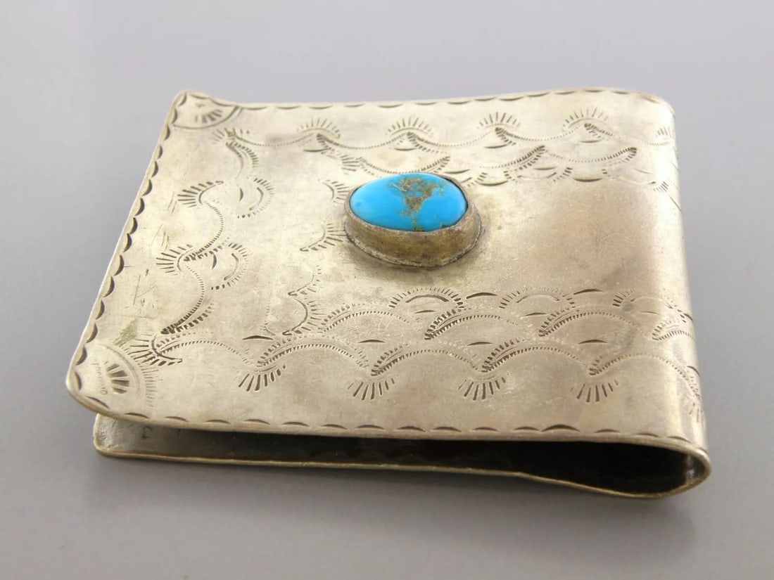 VINTAGE NAVAJO STERLING SILVER LARGE TURQUOISE MONEY CLIP GERONIMO (1 of 2)