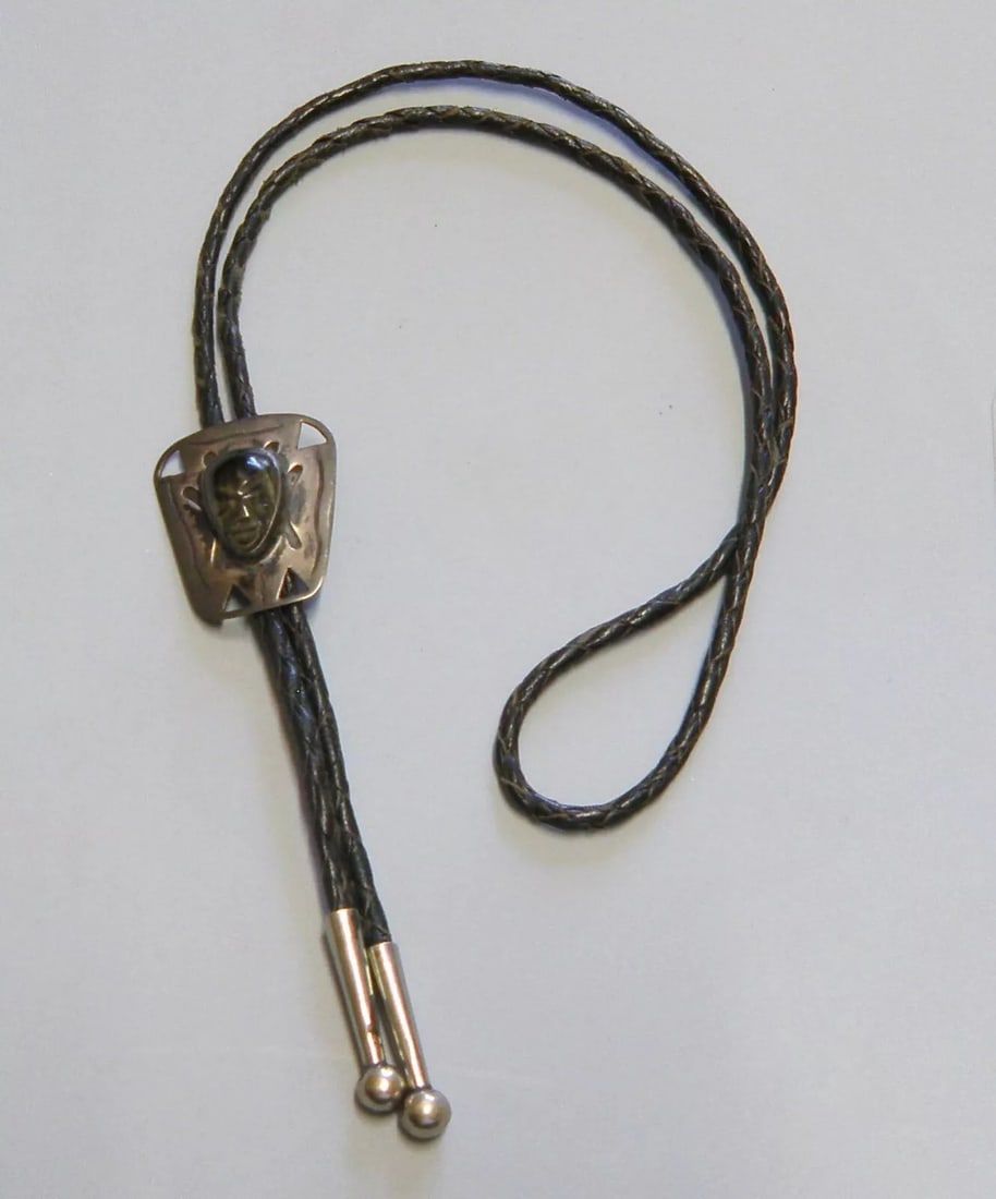 VINTAGE STERLING SILVER LEATHER BOLO TIE FACE MASK OBSIDIAN HECHO EN MEXICO (1 of 2)