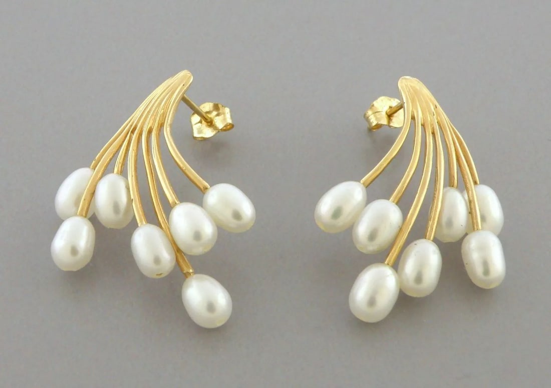 14K YELLOW GOLD LADIES PEARL FIREWORKS EARRINGS (1 of 2)