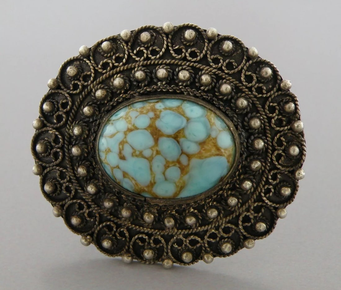 VINTAGE 1000 FINE SILVER TURQUOISE FILIGREE BROOCH / PIN HAND MADE (1 of 2)