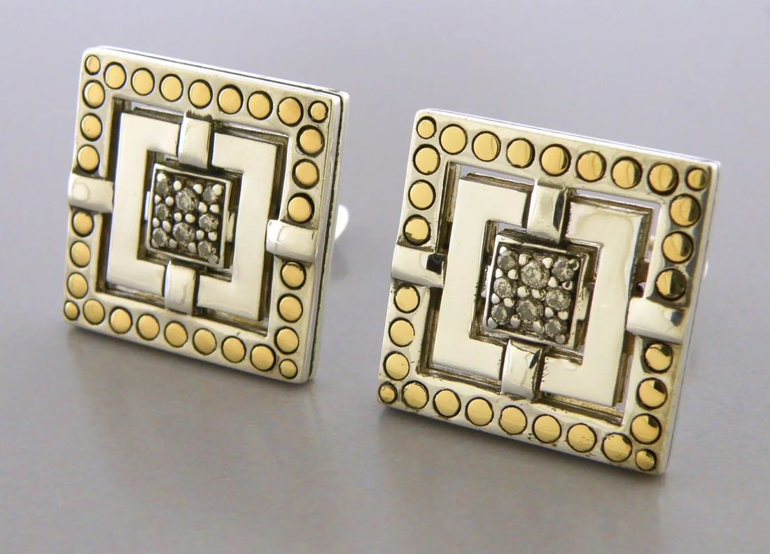JOHN HARDY 18K GOLD STERLING SILVER DIAMOND SQUARE EARRINGS OMEGA BACK (1 of 2)
