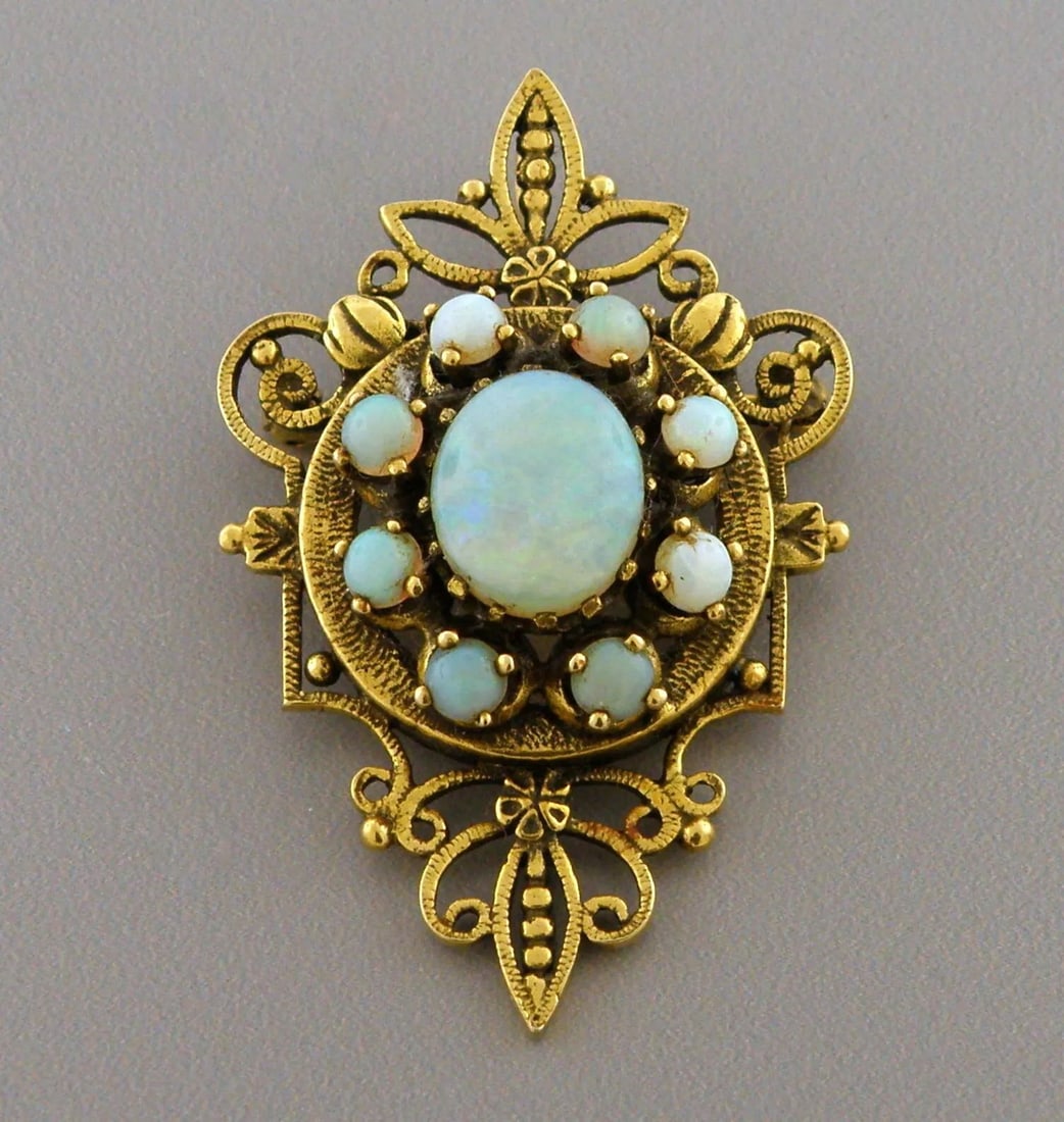 VINTAGE 14K YELLOW GOLD MULTI COLOR OPAL PENDANT BROOCH PIN (1 of 2)