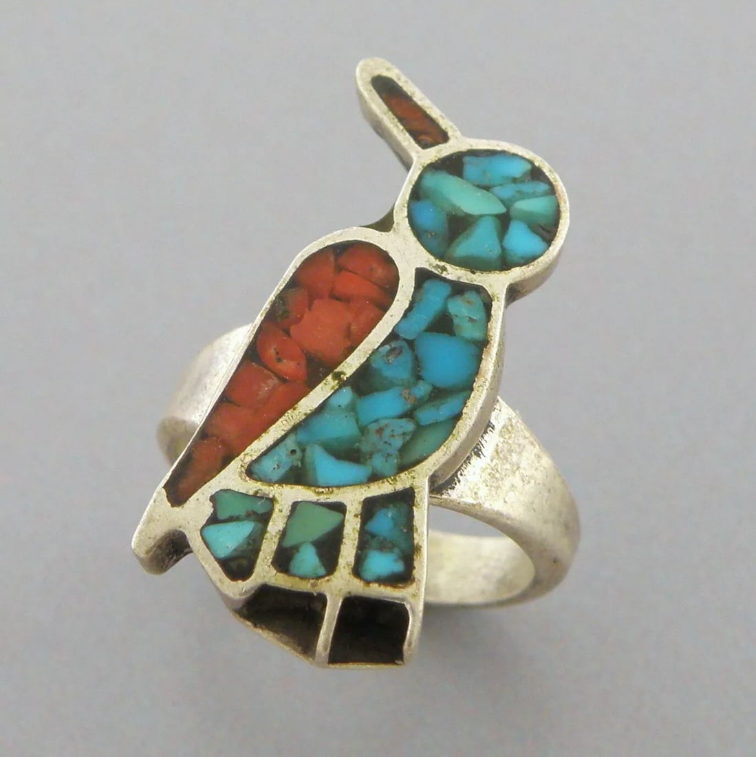 VINTAGE NAVAJO STERLING SILVER CORAL & TURQUOISE INLAY BIRD RING SIZE 3 (1 of 2)