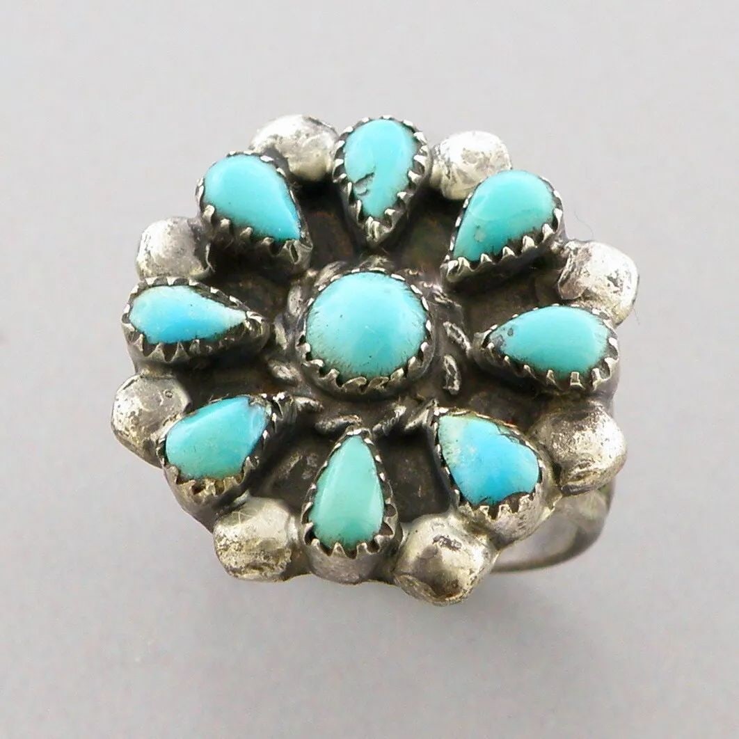 VINTAGE ZUNI PETIT POINT STERLING SILVER TURQUOISE FLOWER RING SIZE 4.5 (1 of 2)