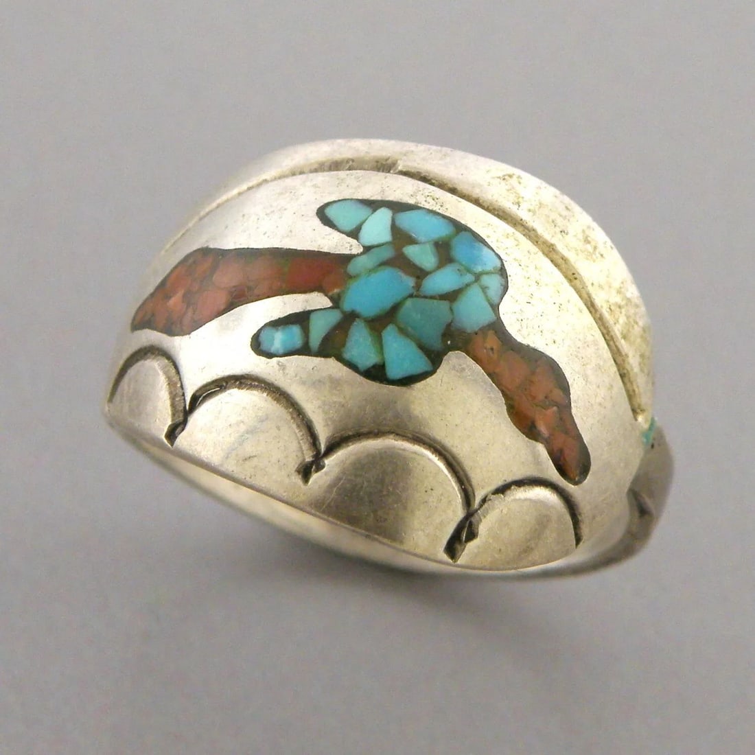 VINTAGE NAVAJO STERLING SILVER CORAL & TURQUOISE INLAY BIRD RING SIZE 8 (1 of 2)