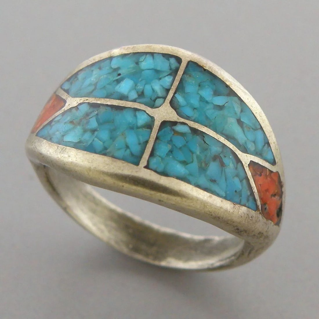 VINTAGE NAVAJO STERLING SILVER CORAL & TURQUOISE INLAY RING SIZE 8 (1 of 2)