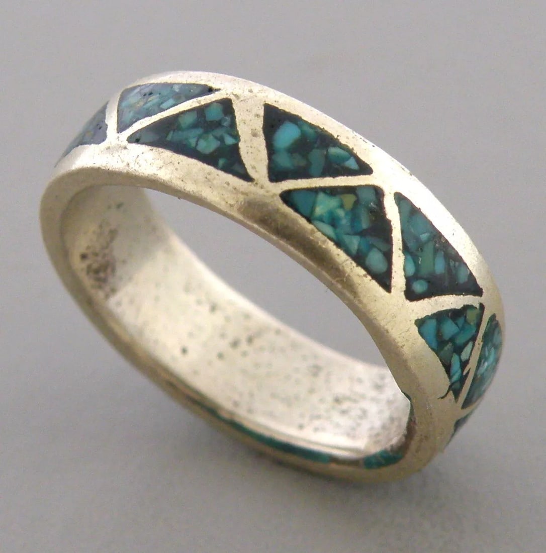VINTAGE NAVAJO STERLING SILVER TURQUOISE INLAY BAND RING SIZE 6.5 (1 of 2)