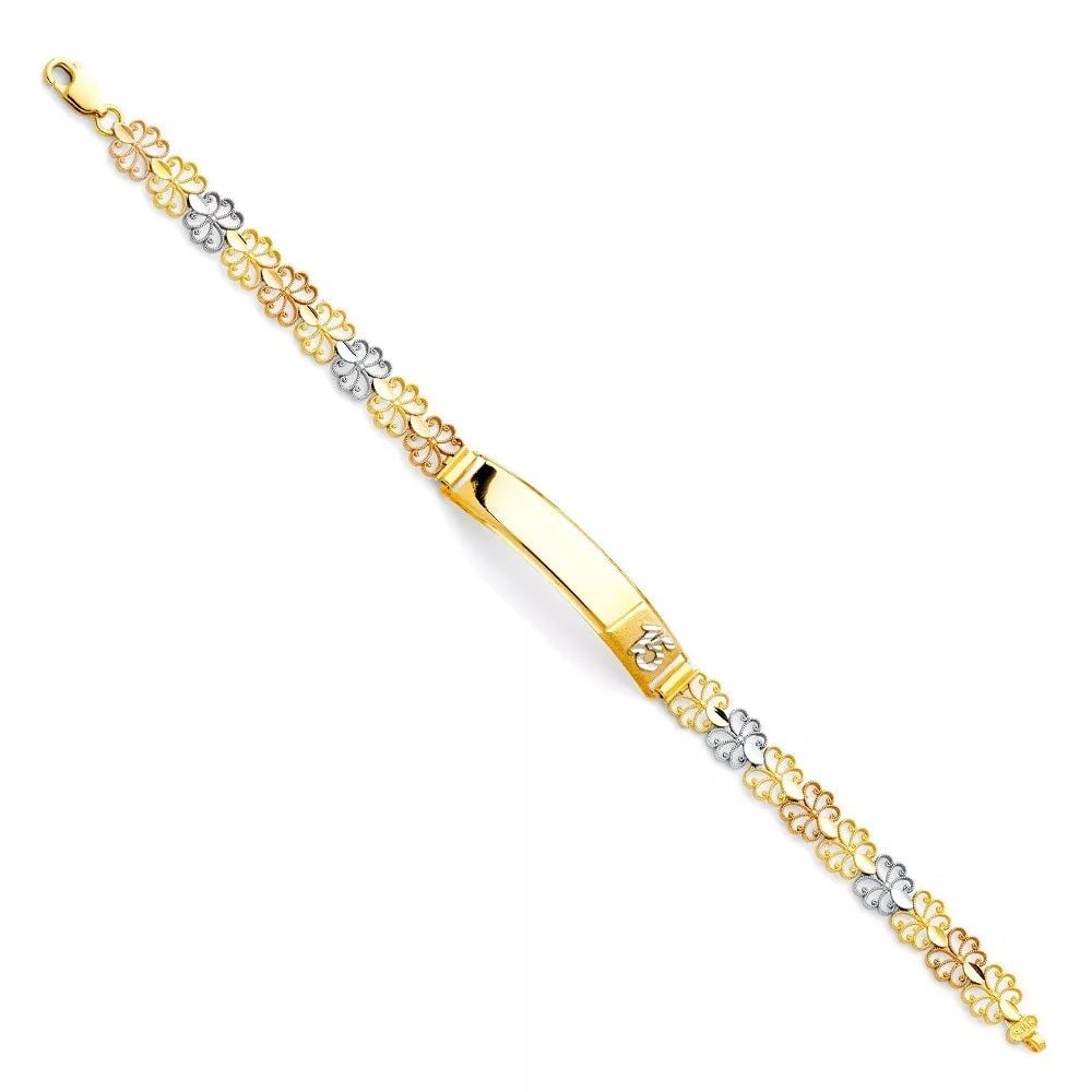 NEW 14K TRI COLOR GOLD 15 YEARS ID BRACELET: NEW 14K TRI COLOR 15 YEARS ID BRACELET 14K MULTI COLOR GOLD NEW TRI COLOR 15 YEARS ID BRACELET WEIGHT: 7.2 g LENGTH: 7.25in