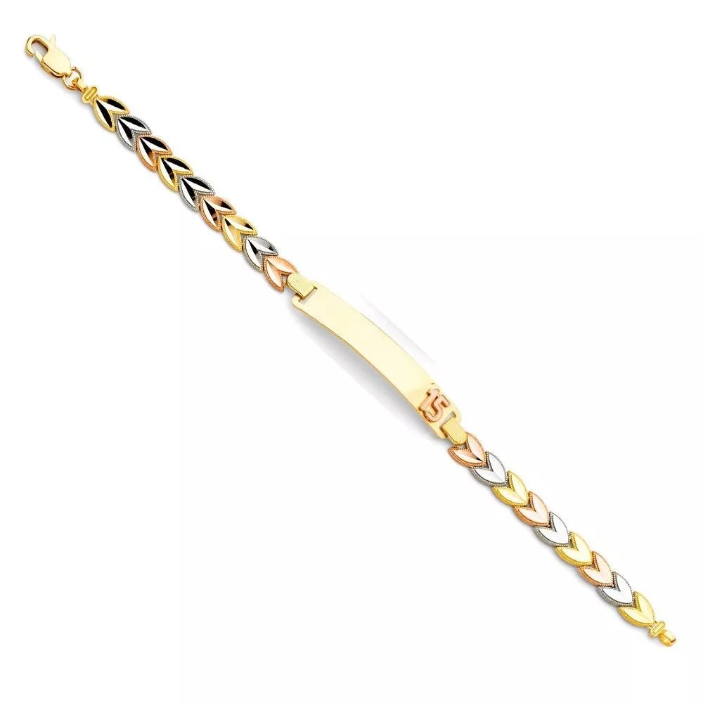 NEW 14K TRI COLOR GOLD 15 YEARS ID BRACELET: NEW 14K TRI COLOR 15 YEARS ID BRACELET 14K MULTI COLOR GOLD NEW TRI COLOR 15 YEARS ID BRACELET WEIGHT: 7.7 g LENGTH: 7.5in