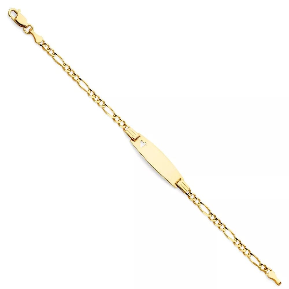 NEW 14K YELLOW GOLD 080 FIGARO 3+1 BABY OVAL ID WITH HEART BRACELET: NEW 14K YELLOW GOLD 080 FIGARO 3+1 BABY OVAL ID WITH HEART BRACELET 14K YELLOW GOLD NEW 080 FIGARO 3+1 BABY OVAL ID WITH HEART BRACELET WEIGHT: 3.5g LENGTH: 6in