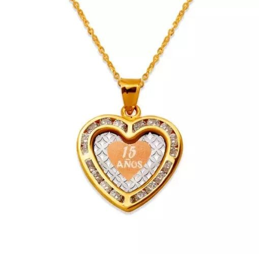 NEW 14K TRICOLOR GOLD 15 ANOS HEART CZ PENDANT: NEW 14K TRICOLOR GOLD 15 ANOS HEART CZ PENDANT 14K Tricolor Gold Approx. 17x17mm Cubic Zirconia Chains Sold Separately Weight: 1.1 Grams