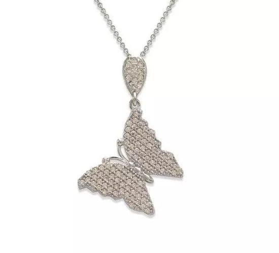 NEW 14K WHITE GOLD FANCY BUTTERFLY CZ PENDANT: NEW 14K WHITE GOLD FANCY BUTTERFLY CZ PENDANT 14K White Gold Approx. 19x29mm High Polished/Cubic Zirconia Available in Rose and Yellow Gold Chains Sold Separatel Weight: 2.2 Grams