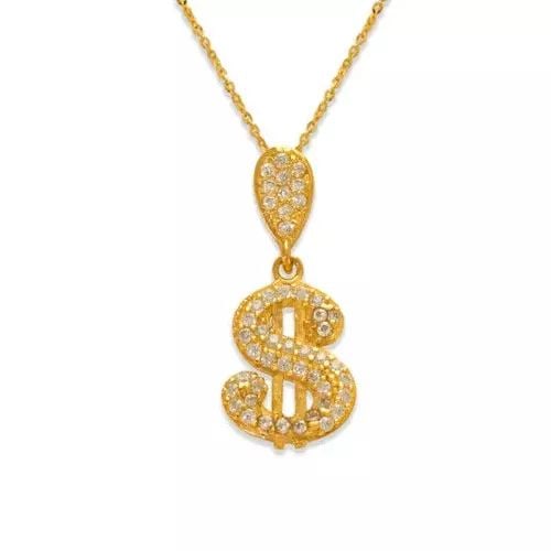 NEW 14K YELLOW GOLD FANCY DOLLAR SIGN CZ PENDANT: NEW 14K YELLOW GOLD FANCY DOLLAR SIGN CZ PENDANT 14K Yellow Gold Approx. 9.5x15.5mm High Polished/Cubic Zirconia Chains Sold Separately Weight: 1.0 Grams