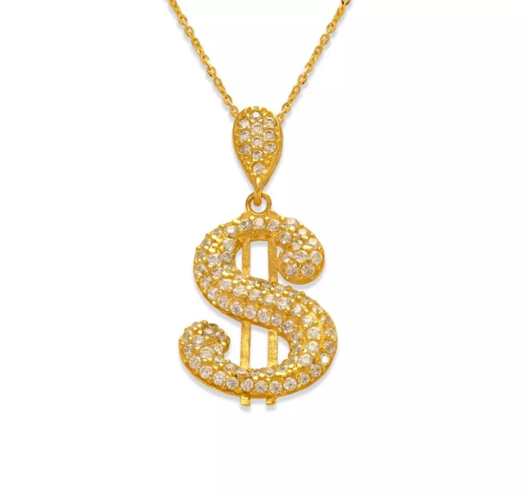 NEW 14K YELLOW GOLD FANCY DOLLAR SIGN CZ PENDANT: NEW 14K YELLOW GOLD FANCY DOLLAR SIGN CZ PENDANT 14K Yellow Gold Approx. 13.5x20mm High Polished/Cubic Zirconia Chains Sold Separately Weight: 1.6 Grams