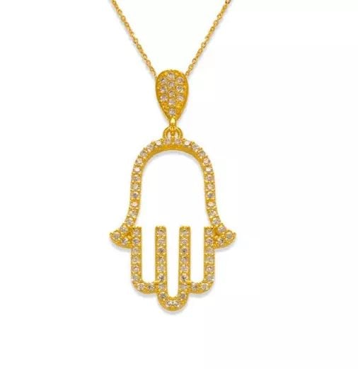 NEW 14K YELLOW GOLD FANCY HAND OF FATIMA CZ PENDANT: NEW 14K YELLOW GOLD FANCY HAND OF FATIMA CZ PENDANT 14K Yellow Gold Approx. 16.5x25.5mm High Polished/Cubic Zirconia Chains Sold Separately Weight: 2.0 Grams