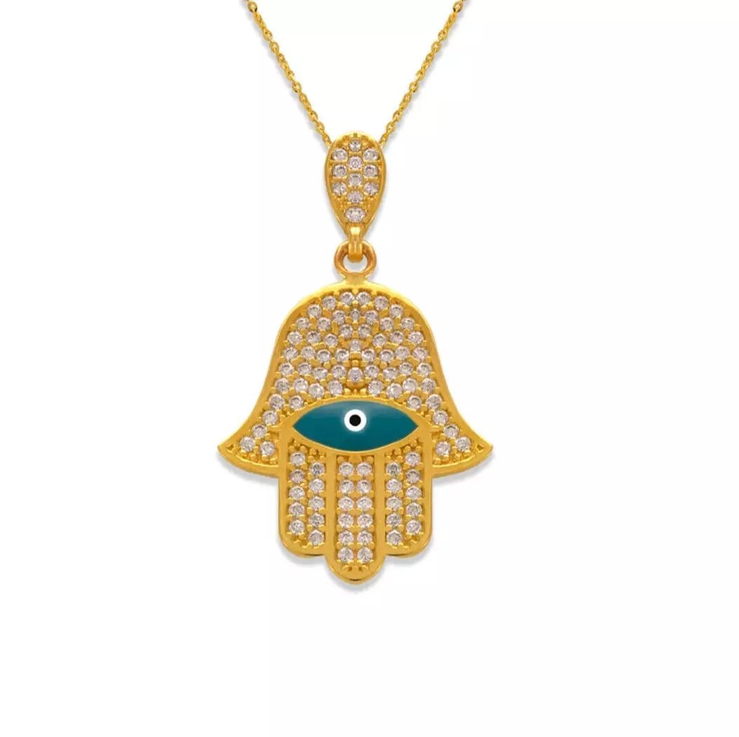 NEW 14K YELLOW GOLD FANCY HAND OF FATIMA EVIL EYE CZ PENDANT: NEW 14K YELLOW GOLD FANCY HAND OF FATIMA EVIL EYE CZ PENDANT 14K Yellow Gold Approx. 9.5x22.5mm High Polished/Cubic Zirconia Chains Sold Separately Weight: 2.8 Grams