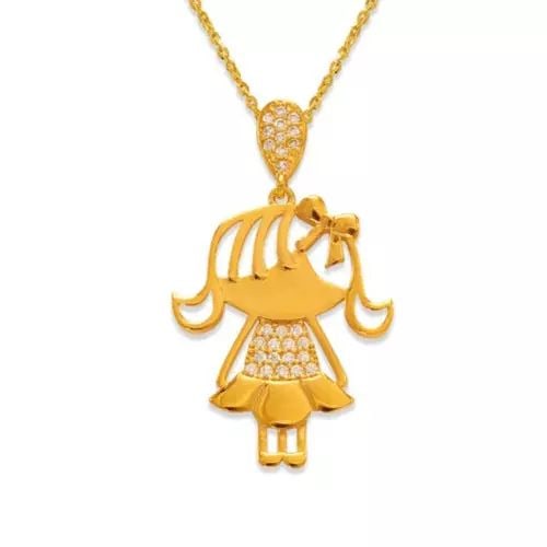 NEW 14K YELLOW GOLD FANCY GIRL CZ PENDANT: NEW 14K YELLOW GOLD FANCY GIRL CZ PENDANT 14K Yellow Gold Approx. 19x32mm High Polished/Cubic Zirconia Chains Sold Separately Weight: 2.2 Grams