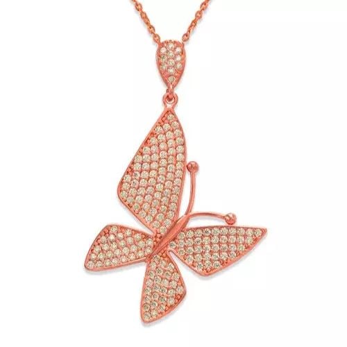 NEW 14K ROSE GOLD FANCY ROSE BUTTERFLY CZ PENDANT: NEW 14K ROSE GOLD FANCY ROSE BUTTERFLY CZ PENDANT 14K Rose Gold Approx. 26x42mm High Polished/Cubic Zirconia Available in Yellow and White Gold Chains Sold Separately Weight: 2.9 Grams
