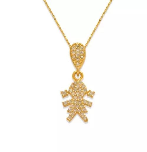 NEW 14K YELLOW GOLD FANCY LITTLE GIRL CZ PENDANT: NEW 14K YELLOW GOLD FANCY LITTLE GIRL CZ PENDANT 14K Yellow Gold Approx. 9x14.5mm High Polished/Cubic Zirconia Chains Sold Separately Weight: 0.9 Grams