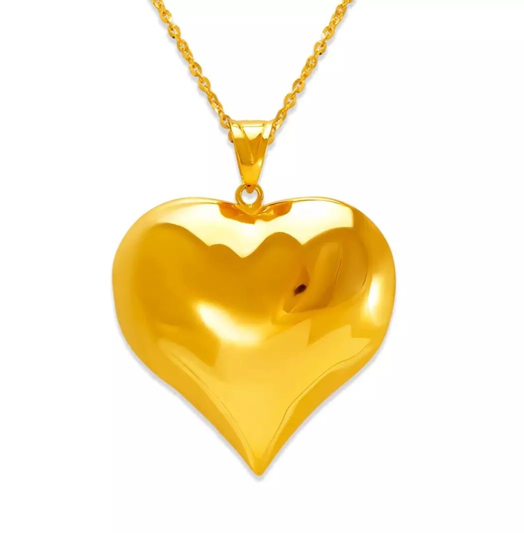 NEW 14K YELLOW GOLD HELLOW HEART PUFF PENDANT 35 MM: NEW 14K YELLOW GOLD HELLOW HEART PUFF PENDANT 35 MM 14K Yellow Gold Approx. 35x35mm High Polished Hollow Chains Sold Separately Weight: 5.1 Grams