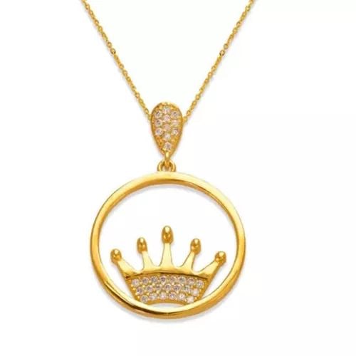 NEW 14K YELLOW GOLD FANCY CROWN IN RING CZ PENDANT: NEW 14K YELLOW GOLD FANCY CROWN IN RING CZ PENDANT 14K Yellow Gold Approx. 23mm High Polished/Cubic Zirconia Chains Sold Separately Weight: 2.2 Grams