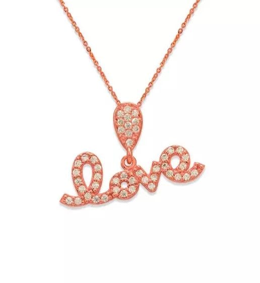 NEW 14K ROSE GOLD FANCY LOVE CZ PENDANT: NEW 14K ROSE GOLD FANCY LOVE CZ PENDANT 14K Rose Gold Approx. 22x6mm High Polished/Cubic Zirconia Available in Yellow and White Gold Chains Sold Separately Weight: 1.1 Grams