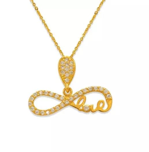 NEW 14K YELLOW GOLD FANCY INFINITE LOVE CZ PENDANT: NEW 14K YELLOW GOLD FANCY HEART CZ PENDANT 14K Yellow Gold Approx. 20x6mm High Polished/Cubic Zirconia Chains Sold Separately Weight: 0.9 Grams