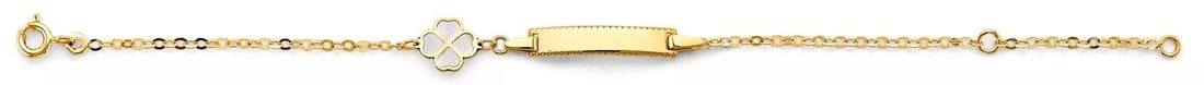 NEW 14K YELLOW GOLD MOTHER OF PEARL CLOVER BABY ID BRACELET: NEW 14K YELLOW MOTHER OF PEARL CLOVER BABY ID BRACELET 14K YELLOW GOLD NEW MOTHER OF PEARL CLOVER BABY ID BRACELET WEIGHT: 1.4g LENGTH: 5+1