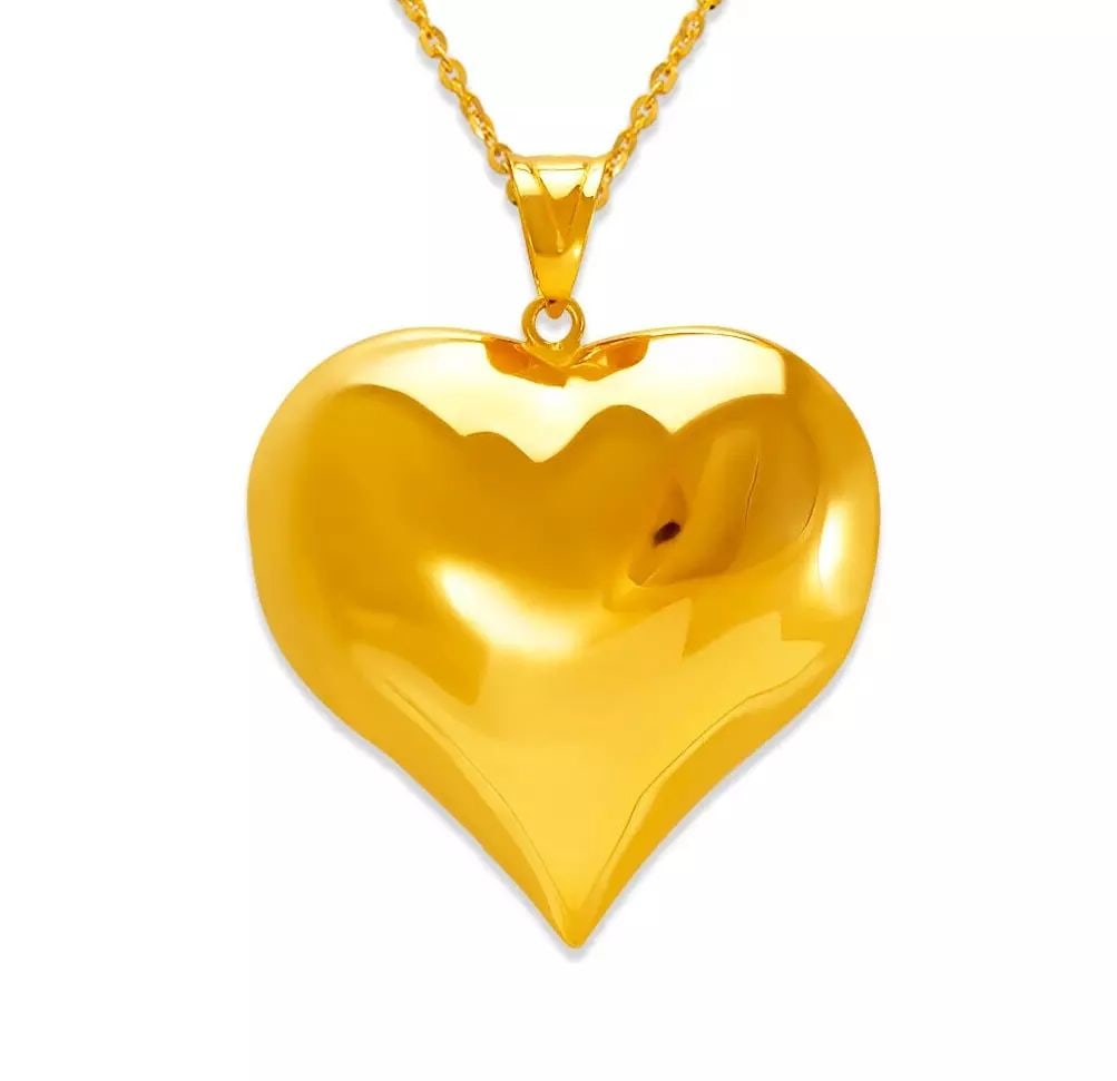 NEW 14K YELLOW GOLD HOLLOW PUFF HEART PENDANT 35MM: NEW 14K YELLOW GOLD HOLLOW PUFF HEART PENDANT 35MM 14K Yellow Gold Approx. 35x35mm High Polished Hollow Chains Sold Separately Weight: 5.1 Grams
