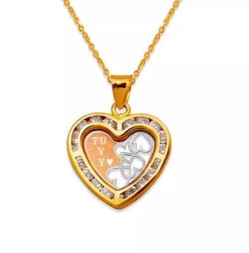 NEW 14K TRICOLOR GOLD TU Y YO HEART CZ PENDANT: NEW 14K TRICOLOR GOLD TU Y YO HEART CZ PENDANT 14K Tricolor Gold Approx. 17x16mm Cubic Zirconia Chains Sold Separately Weight: 1.1 Grams