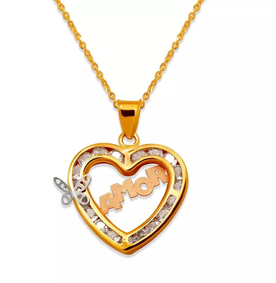 NEW 14K TRICOLOR GOLD AMOR HEART CZ PENDANT: NEW 14K TRICOLOR GOLD AMOR HEART CZ PENDANT 14K Tricolor Gold Approx. 17x16mm Cubic Zirconia Chains Sold Separately Weight: 1.0 Grams