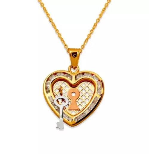NEW 14K TRICOLOR GOLD HEART AND KEY CZ PENDANT (1 of 2)