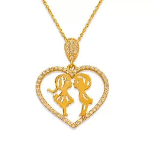 NEW 14K YELLOW GOLD FANCY HEART WITH LOVERS CZ PENDANT: NEW 14K YELLOW GOLD FANCY HEART WITH LOVERS CZ PENDANT 14K Yellow Gold Approx. 21x19mm High Polished/Cubic Zirconia Chains Sold Separately Weight: 2.2 Grams